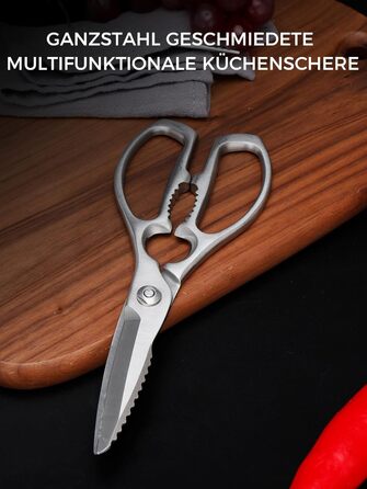 Кухонні ножиці важкі – з нержавіючої сталі 3Cr14, міцні для м'яса, птиці та овочів, з відкривачем пляшок, придатні для миття в посудомийній машині, 22,8 см, 5 років гарантії, сріблястого кольору