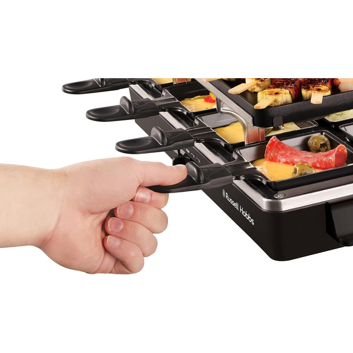 Ракуетниця Russell Hobbs Raclette Grill 8 осіб з 8 сковородами та дерев'яним шпателем, 2 грильні поверхні: з натурального каменю з жолобом для соку та антипригарне поворотне решітка/Teppanyaki, гриль для піци, 26280-56