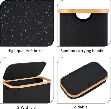 Кошик для білизни Merkisa 60 л з кришкою, високий, тканинний з бамбуковим ручками (чорний)