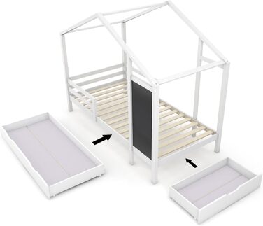 Ліжко дитяче 80x160 см з ящиками та вікном, масивне дерево, захист від падіння, ламелі, для хлопчиків та дівчаток, ліжко-будиночок, без матрацу, білий колір