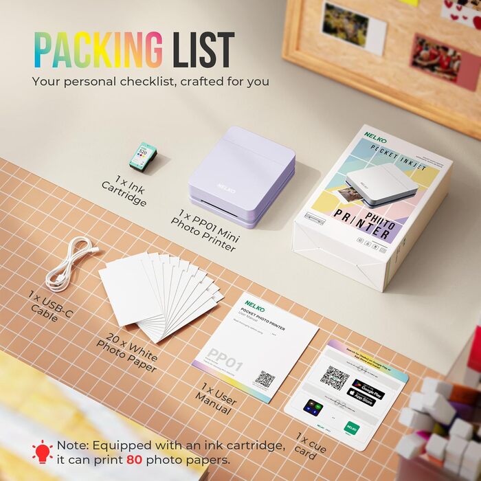 Портативний міні-фотопринтер Nelko PP01: кольоровий, для смартфонів iOS & Android, з 20 паперами, наклейки, AI APP, фіолетовий
