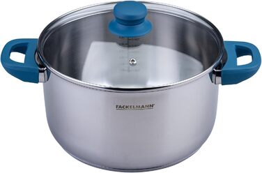 Каструля Fackelmann Essential з нержавіючої сталі з ергономічною ручкою Bakelite та літражним позначенням – підходить для всіх типів плит, синього кольору (з кришкою, 24 см)