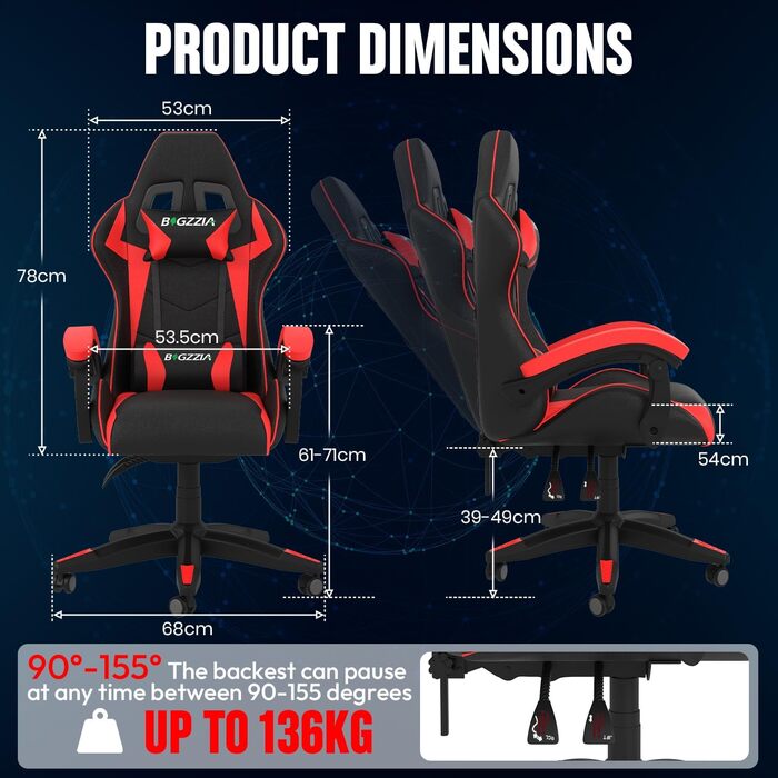 Ігровий крісло Bigzzia Ergonomiczne з підголівником та підлокітниками (Чорно-червоний, з підігрівом)