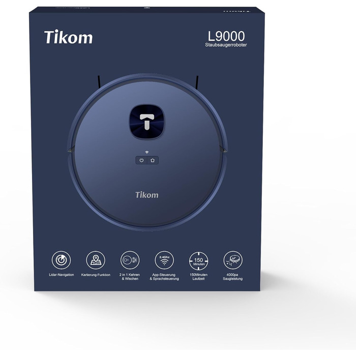 Робот-пилосос Tikom L9000 з функцією миття підлоги, LiDAR, 4000 Па, 150 хв, Wi-Fi, заборонені зони, для шерсті домашніх тварин, синій