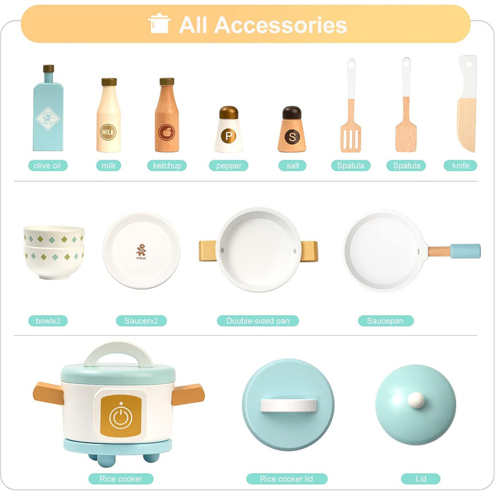 Дерев'яна дитяча кухня ROBUD з аксесуарами | Іграшковий кухонний набір для дітей з продуктами та кухонним обладнанням