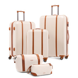 Набір валіз FERGÉ Milano 5-ти частинний (3 розміри) + сумочка для косметики + сумка для подорожей - чорний/бежево-коричневий