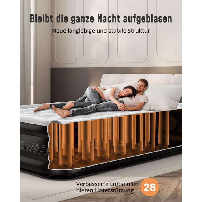 Надувне ліжко Airefina з самонадувною функцією та вбудованим насосом. Розмір 203x152x46 см (подвійне). Для кемпінгу та дому. Міцне гостьове ліжко.