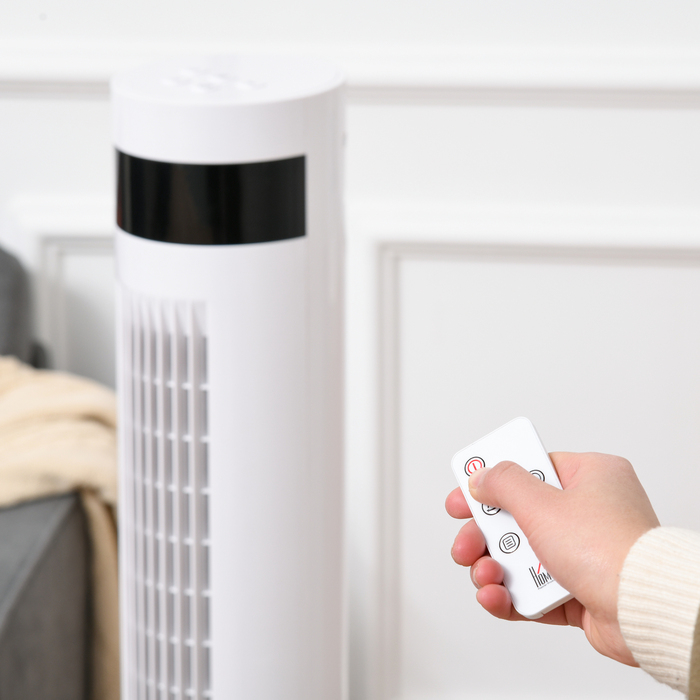 Вентилятор з підставкою, 3 режими вентиляції, пульт дистанційного керування, 50 Вт, таймер на 12 годин, LCD-дисплей, осциляція 85°, для спальні, білий