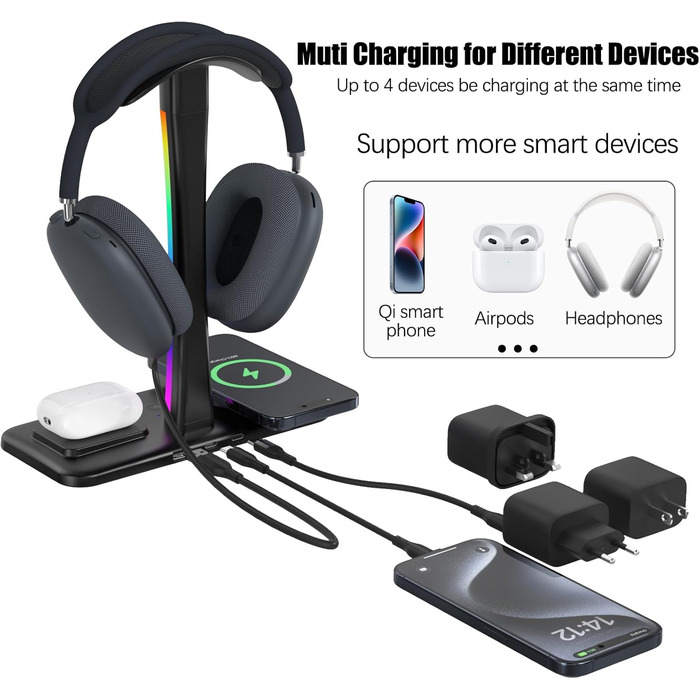 Підставка для навушників з бездротовим зарядним пристроєм, RGB-підсвічуванням, сумісна з Airpod Max, Airpod Pro/3/2, iPhone 16/15/14/13/12/11, Samsung, ідеальний подарунок для геймерів, чорний колір