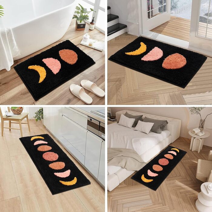 Набір для ванної кімнати Boho від Pauwer, 3 шт: килимок з мікрофібри, коврик для душу та унітазу, богемний дизайн (Чорний, 18'x26'+18'x48'+U Shape 20'x24')