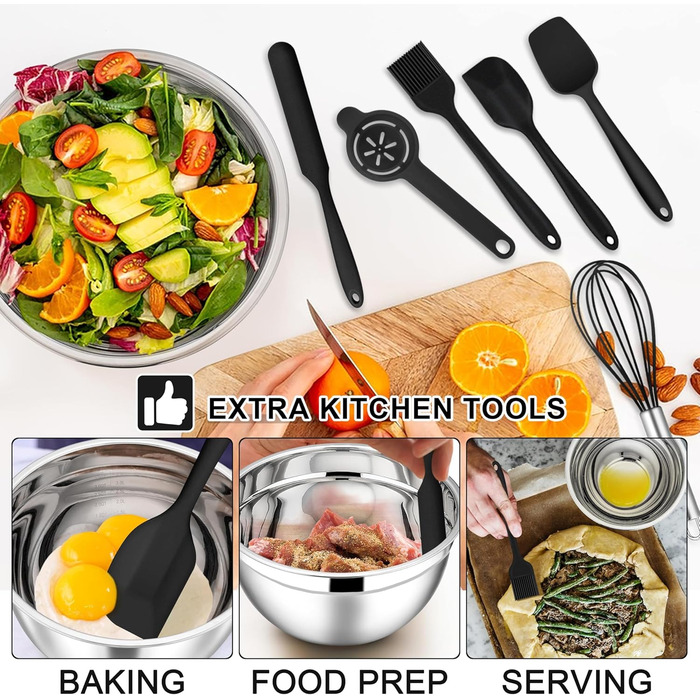 Набір місок для перемішування E-far (21 шт.) з кришками, нержавіюча сталь, насадки-тертки, об'єм 7, 4.6, 3.5, 2.6, 2, 1.5, 1QT, вкладна конструкція, кольорові герметичні кришки, для випічки/приготування їжі (18, чорний)