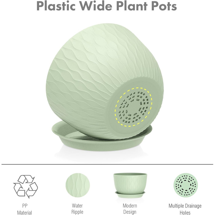 Великі горщики для квітів 3 шт. (12+10+9 дюймів), 30.5x25.4x25.4x22.9 см, для дому та саду, з дренажними отворами, зелені