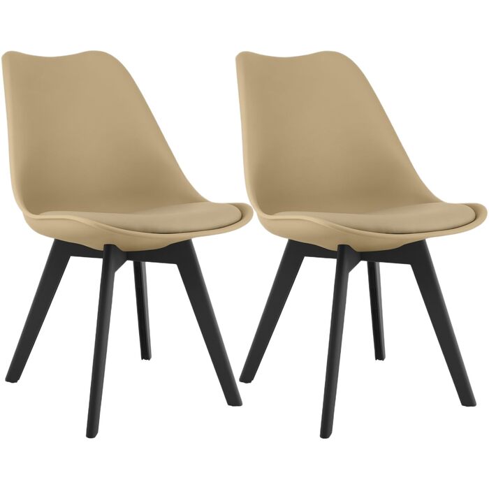 Чорні обідні стільці – стильні пластикові стільці з м'яким сидінням з штучної шкіри та поліпропіленовими ніжками, сучасний дизайн, комфортне відчуття (Темно-бежевий – чорні поліпропіленові ніжки, набір 2 шт.)