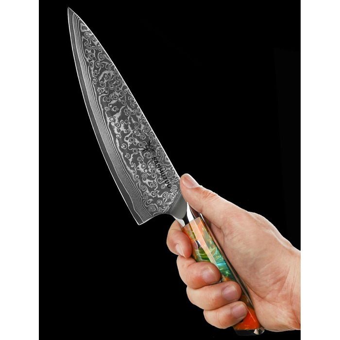 Ніж кухарський 20 см Xuan Серія VG10 Дамаський сталь - Ніж для кухні з ручкою з смоли (Фантастичний помаранчевий)