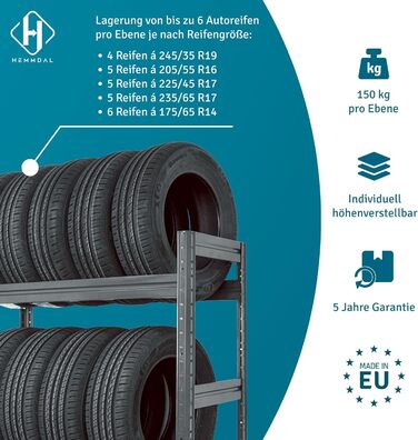 Стеляжка для шин на 450 кг - 177 x 120 x 50 см - міцна полиця для зберігання до 18 шин - сірий графіт - виробництво ЄС - для гаража, підвалу, складу та майстерні