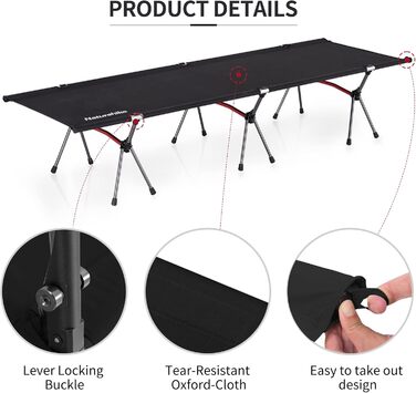 Польове ліжко Naturehike ультралегке складане, витримує до 150 кг, з регулюванням висоти, чорне — для кемпінгу, офісу та гостей