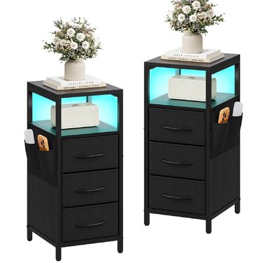 Нічний столик з підзарядкою та LED, приліжний столик з 3 висувними ящиками з тканини, нічний столик з полицею, відкрите відділення, 2 розетки AC, USB та Typ C порти, для спальні, вітальні, офісу (25x30x60 см, Чорний, 2)