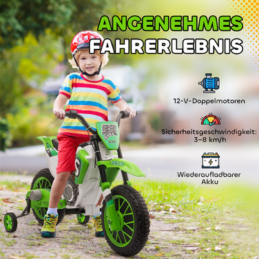 Дитячий електромотоцикл, час їзди до 45 хвилин, з додатковими колесами, для дітей від 3 років, зелено-білий, розміри: 106,5 x 51,5 x 68 см