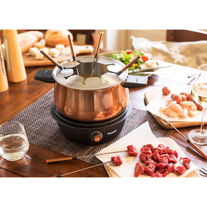 Електричний Фондю набір Bestron для 8 осіб з 8 виделок, термостат, сплітцшзахист, колір: мідний
