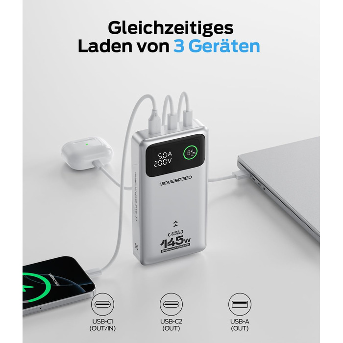 Power Bank MOVESPEED 145W 25000mAh з 3 USB-портами, PD 3.1, Digital Display - для ноутбуків, iPhone, Galaxy, iPad