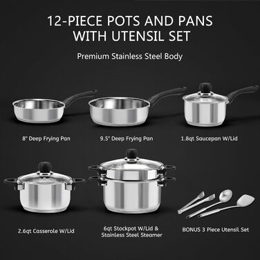 Набір каструль 6 шт. з нержавіючої сталі для індукційних плит, Cookware Set, з кришкою та захистом від опіків, сумісний з усіма типами плит, не має покриття, придатний для миття в посудомийній машині