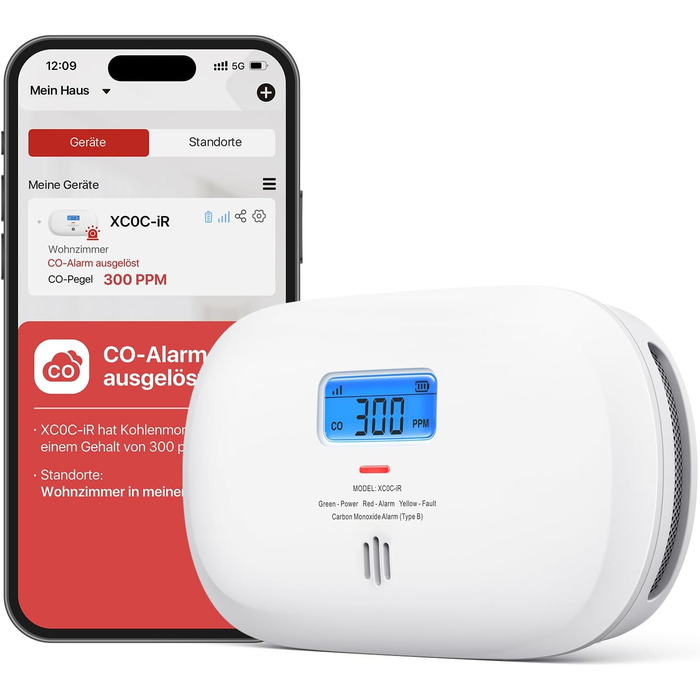 X-Sense Детектор чадного газу XC0C-iR з LCD-дисплеєм, сертифікат TÜV Rheinland, керування через додаток, змінна батарея, 1 шт. Білий