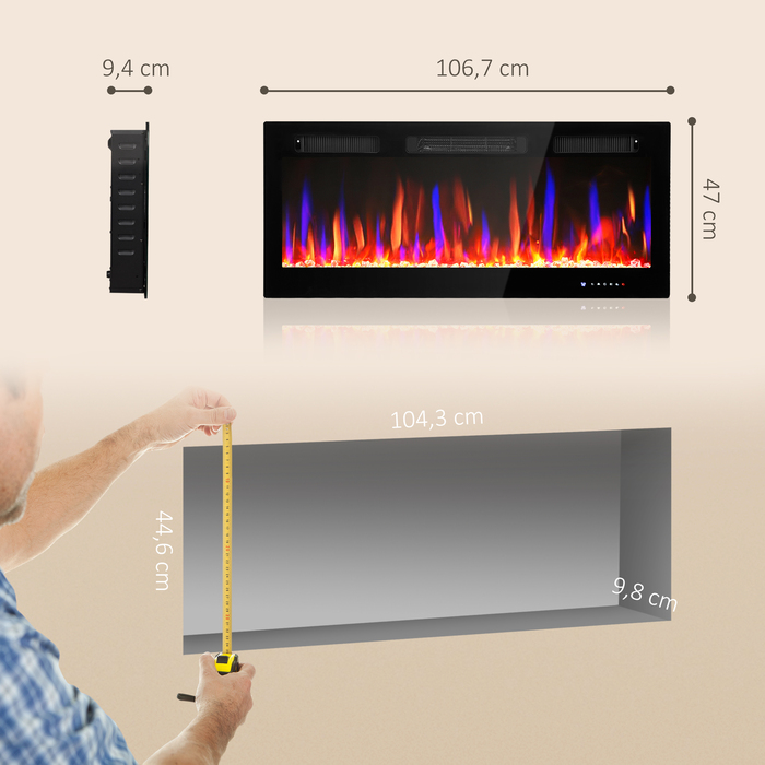Електричний камін HOMCOM, настінний монтаж, регульоване полум'я, термостат, таймер, сталь, чорний