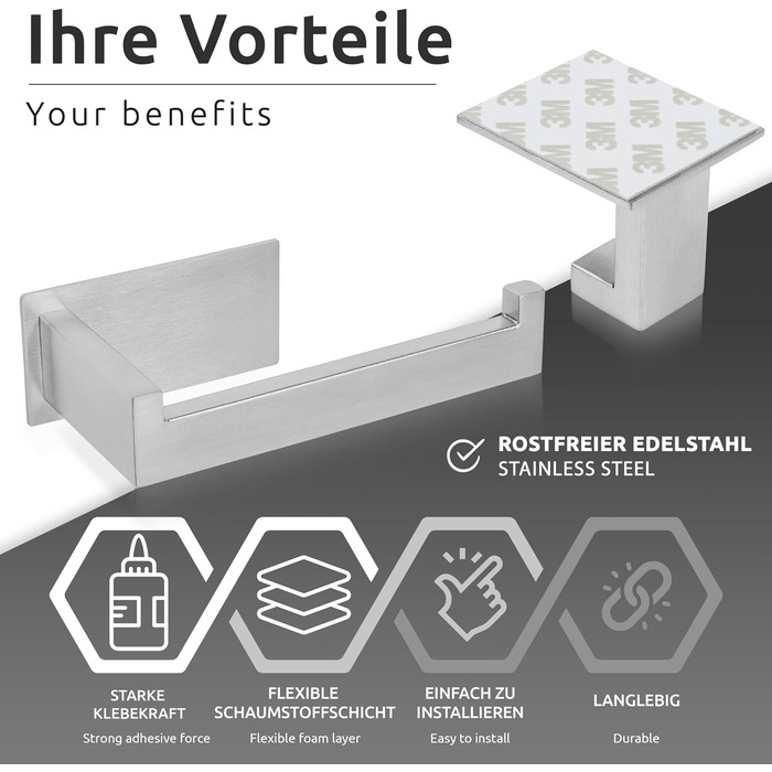 Тримач для туалетного паперу 2 шт. гачок для рушників без свердління, набір для ванної кімнати Самоклеючі матові аксесуари для ванної кімнати - нержавіюча сталь 304, вішалка для рушників тримач туалетного паперу