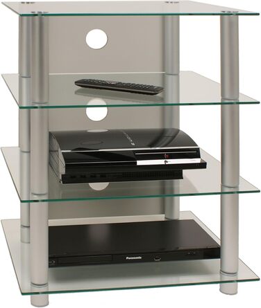 Стенд для Hi-Fi апаратури VCM | Rack-шафа для програвачів та медіа | Алюмінієві стійки, скляні полиці | Розміри 70x59x49 см | Медіа-стійка для програвачів Blados з прозорим склом