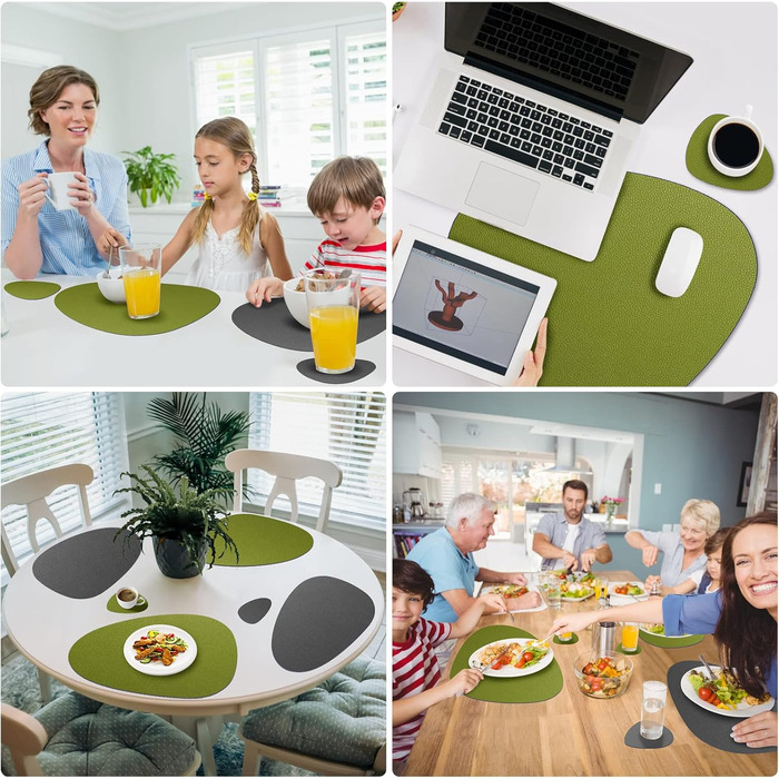 Набір з 6 підставників під тарілки, водонепроникні, з підставками, двосторонні, з імітацією шкіри, для обіднього столу, кухні, ресторану та дому (6 шт, зелений&сірий)