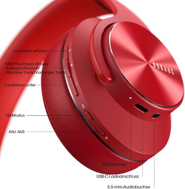 Накладні Bluetooth-навушники DOQAUS, 90 годин, 3 режими еквалайзера, HiFi, Складні, Мікрофон, Червоний