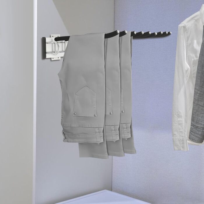 Висувний тримач для штанів, полиця для штанів, 9 тримачів для шарфів, висувна вішалка для штанів, одягу, краваток, шарфів, глибина шафи 48 см, лівостороннє кріплення