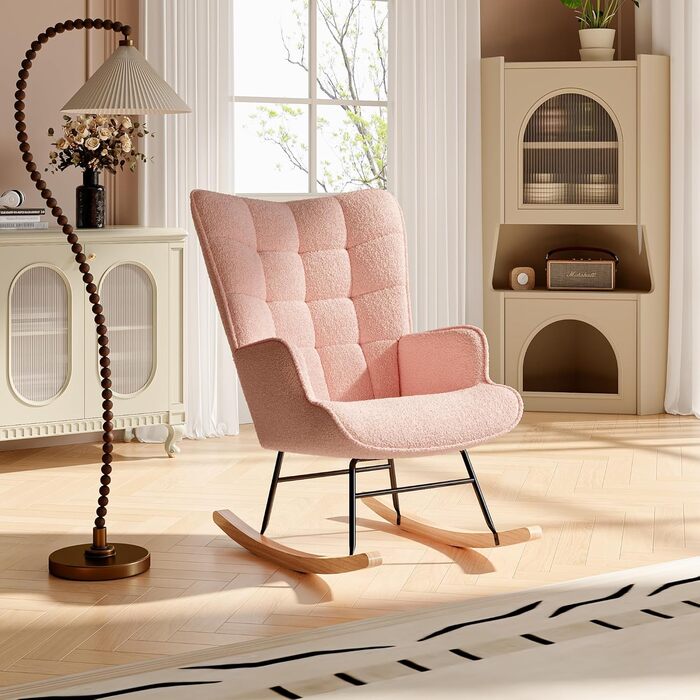 Крісло-гойдалка Liuyoyo з високою спинкою, комфортне крісло з м'яким сидінням, для спальні, офісу, читання, сучасний дизайн (Рожевий)