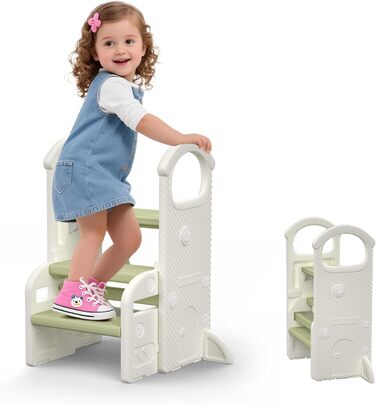 Триттхокер Hoopyosms для дітей, 2/3-рівневий, регульована висота, складаний, з поручнями, антиковзаюча поверхня, для ванної та кухні, підходить для малюків (зелений)