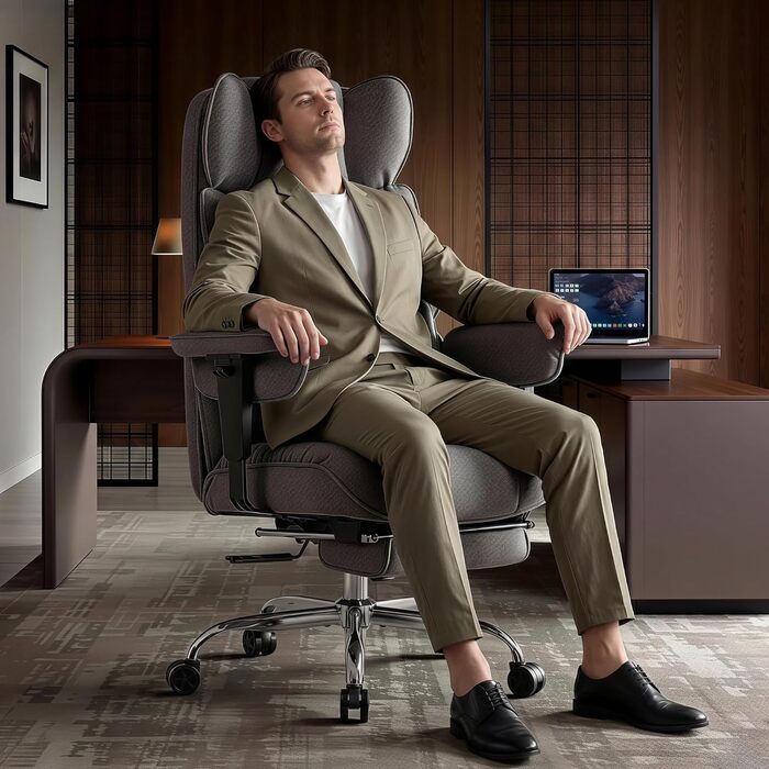 Офісний крісло Efomao XXL до 200 кг, важке, тканинне, з підставкою для ніг, ергономічне для комп'ютера з високою спинкою, похиле для дому/офісу, з товстою м'якою оббивкою (Сірий)