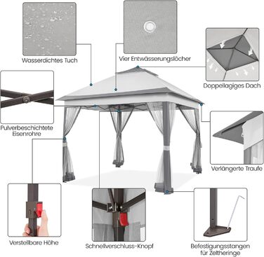 Павільйон Yaheetech 3.3x3.3м, водовідштовхуючий, з москітною сіткою, регульована висота, для саду та відпочинку