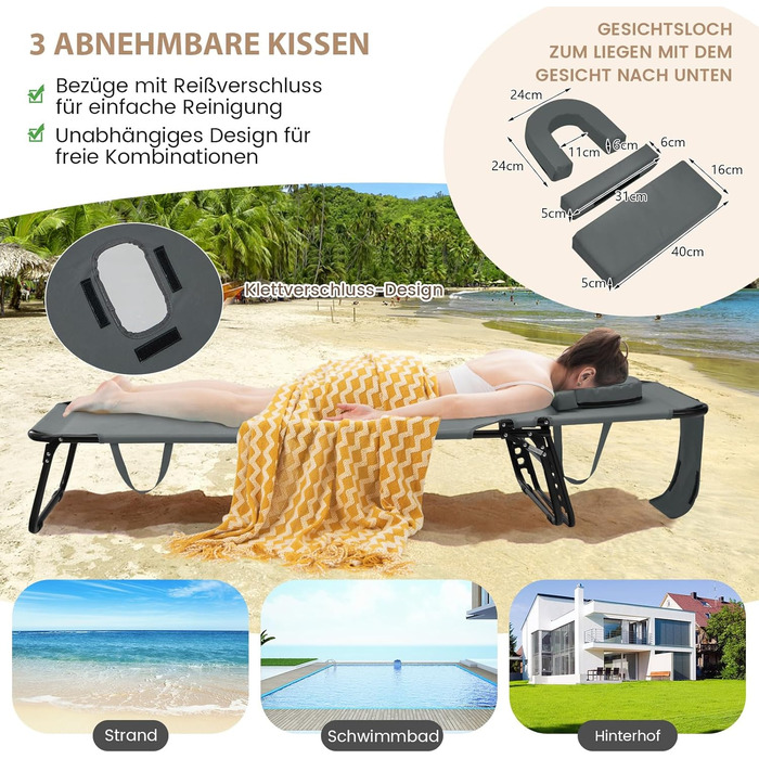 Лежак для відпочинку COSTWAY з отвором для обличчя, розкладний садовий лежак з 3 знімними подушками та 5-рівневим регулюванням спинки, лежак для пляжу, саду та басейну (сірий, окремий)