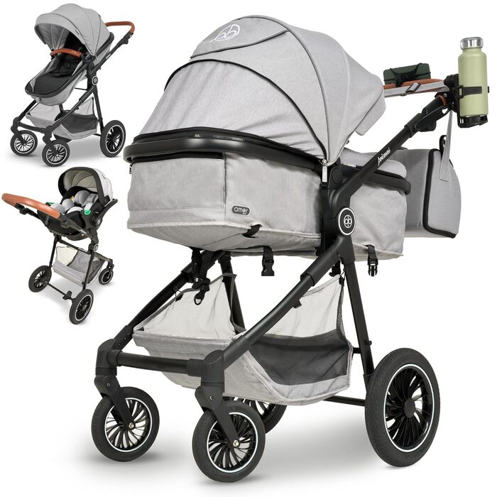 Дитяча коляска 3 в 1 з автокріслом та люлькою | Коляска для новонароджених з 5-точковим ременем безпеки | Кольори: світло-оливковий та світло-сірий без Isofix