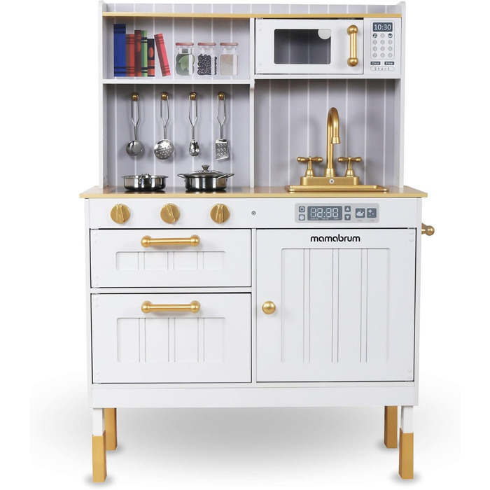 Дерев'яна дитяча кухня Mamabrum з LED-підсвічуванням - іграшковий кухонний набір з висотою, що регулюється, з приготуванням кубиків льоду, мікрохвильовою піччю, плитою та посудомийною машиною - іграшка для дітей від 3 років (Білий)