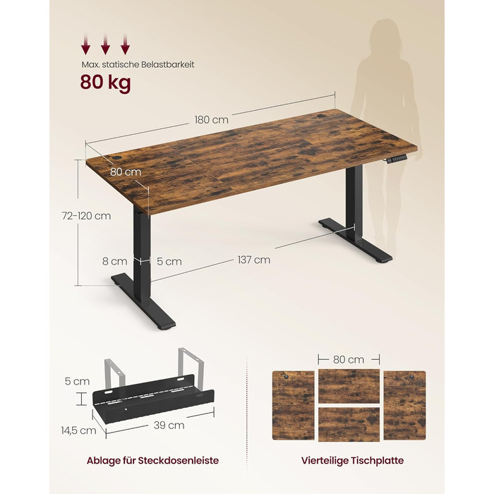 Стол для роботи VASAGLE з регулюванням висоти, USB-C, підставка для розеток, стоячий стіл, нагадування про перерви, 3 пам'яті, 180x80 см, Vintage Brown