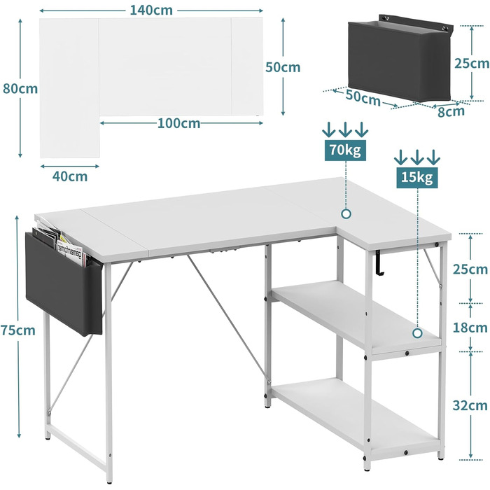 Г-подібний кутовий письмовий стіл з відділеннями для зберігання, двосторонній комп'ютерний стіл 140см білий