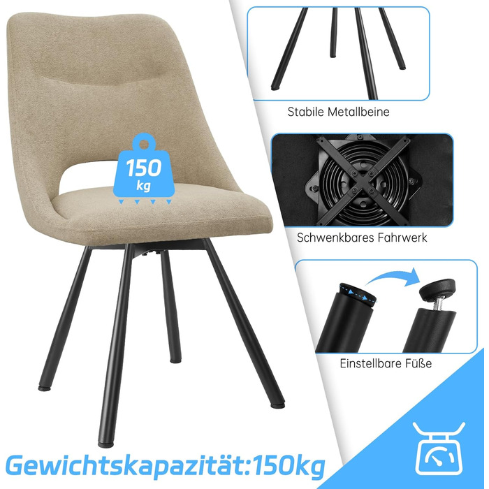 Набір з 4-х обідніх стільців, 180° поворотні, з м'яким сидінням, матеріал: бавовна-кашемір, сучасний дизайн, металеві ніжки, колір: хакі