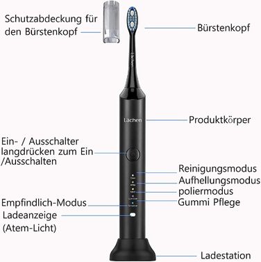Електрична зубна щітка Lächen RM-H9, набір з 2 шт. (біла та чорна) + 10 насадок, 5 режимів, з кейсами для подорожей