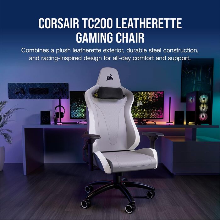 Ігрове крісло Corsair TC200, стандартна посадка, м'який чохол, поперекова підтримка, 4D підлокітники, сірий/білий, штучна шкіра