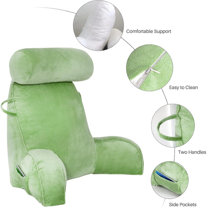 М'яке крісло-мішок для читання з велюру, для дорослих, з підтримкою спини та підлокітниками, з кишенею та знімним чохлом (колір кавовий) (зелений)