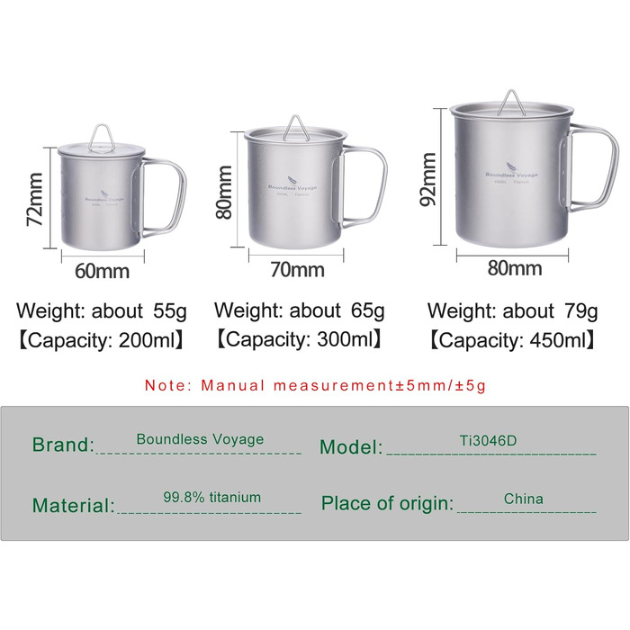 iBasingo Titan Camping Посуд: Чайник, Каструля, Кружка з кришкою та складним ручками (200-750мл) для кемпінгу, трекінгу, пікніка