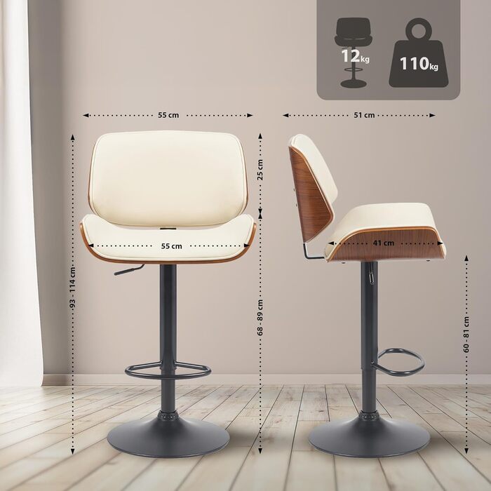 Барний стілець CLP Beverley з штучної шкіри, регульована висота та поворотний, дерев'яний, з підніжкою, колір: горіх/кремовий