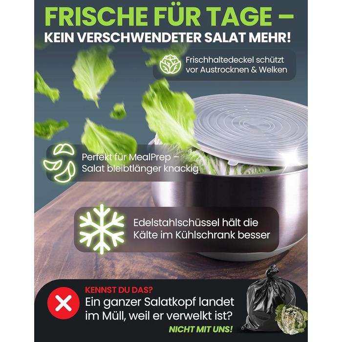 Салатниця-швидкокрутка VELVOMAX 6в1 з нержавіючої сталі, 4.5L - 6 функцій: нарізник овочів, сервіровочна чаша та спіннер для салатів. Можна мити в посудомийній машині, з антиковзним дном та кришкою. Ідеально для любителів готувати.