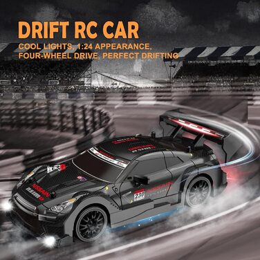 RC Машинка на радіокеруванні Drift Car 1:24, 4WD, 20 км/год, 2.4 GHz, LED, 2 акумулятори, чорна - для дітей