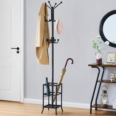 Настінна/підлогова вішалка для одягу FAVOOSTY з підставкою для парасольки, 12 гачків, срібна/чорна